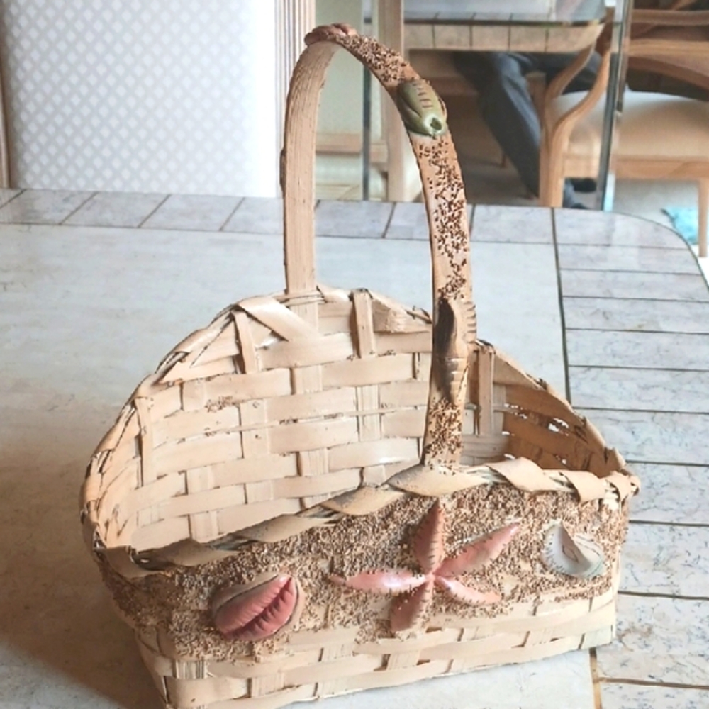 Beige Woven Basket with Seashell Accents,   Vintage From 1990's..New